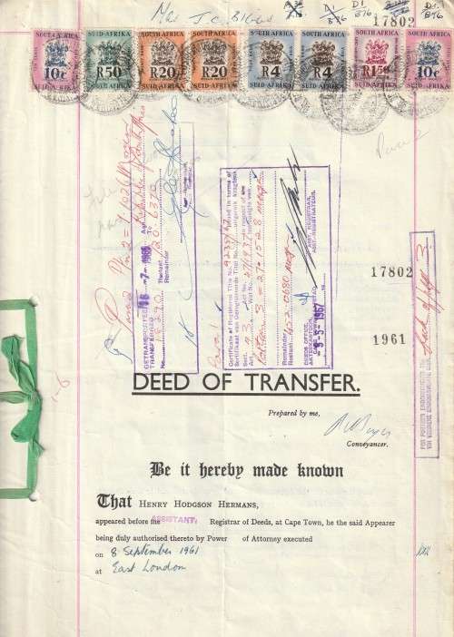 South Africa Republic - 1961 - Revenue Usage on Deed of Transfer