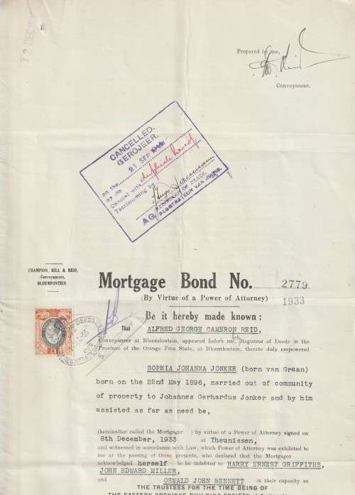 South Africa Union - 1933 - Revenue Usage on Morgage Bond