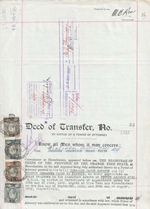South Africa Union - 1933 - Revenue Usage on Deed of Transfer