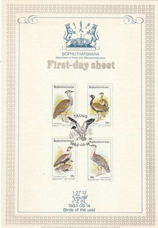 Bophuthatswana - 1983 - Birds Vogel of the veld Bustards - First Day Sheet - Medium