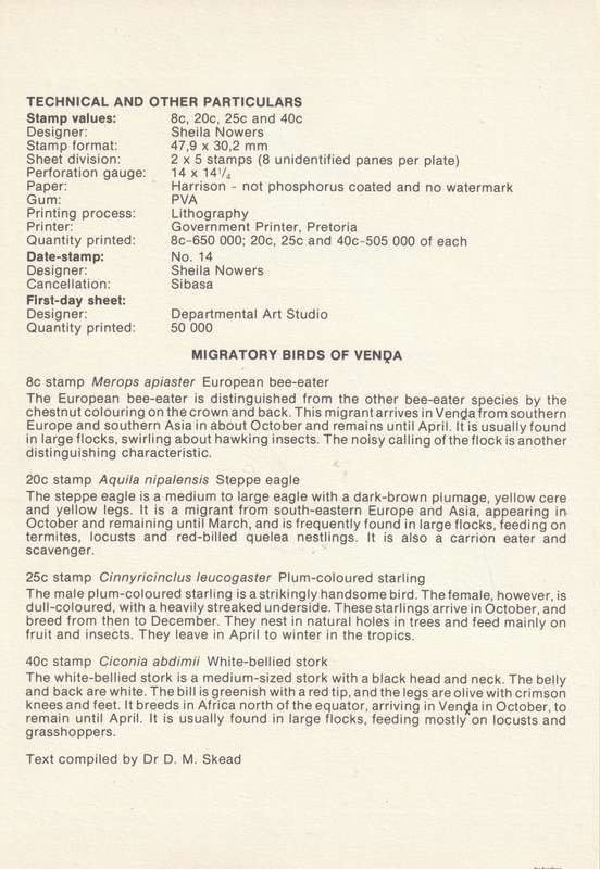 Bophuthatswana - 1983 - Birds Vogel of the veld Bustards - First Day Sheet - Medium