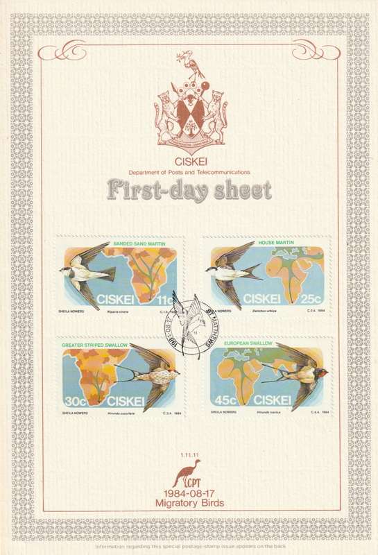 Ciskei - 1984 - Migratory Birds - First Day Sheet - Medium
