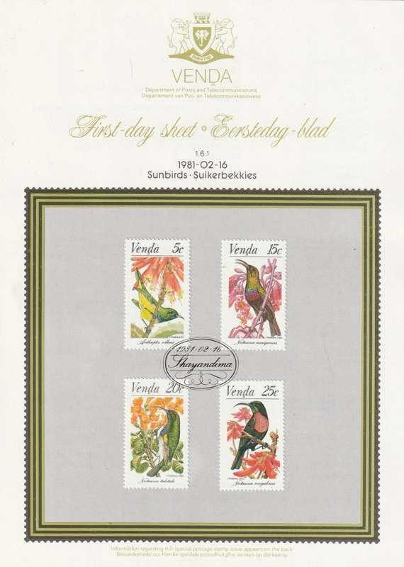 Venda - 1981 - SunBirds Birds - First Day Sheet - Medium