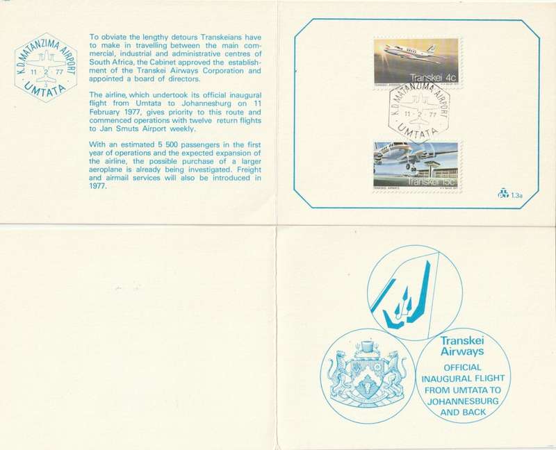 Transkei - 1977 - Transkei Airways Inaugural Flight Umtata-Johannesburg and back - First Day Collect