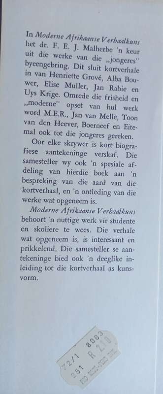 Moderne Afrikaanse verhaalkuns deur FEJ Malherbe