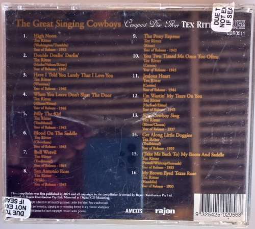 The great singing cowboys Tex Ritter compact disc 3 (cd)