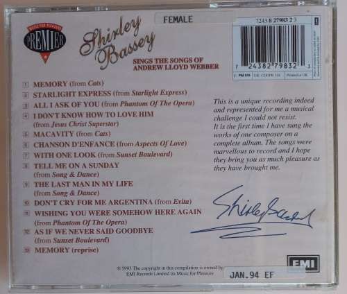 Shirley Bassey  sings the songs of Andrew Lloyd Webber cd