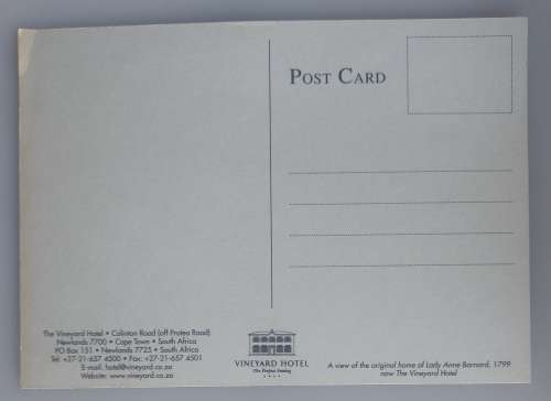 The Vineyard Hotel Newlands, Cape Town post card