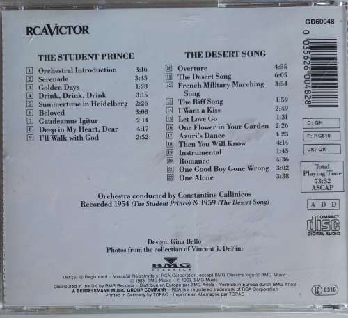 Mario Lanza - Sings songs from The Student Prince & The desert song cd