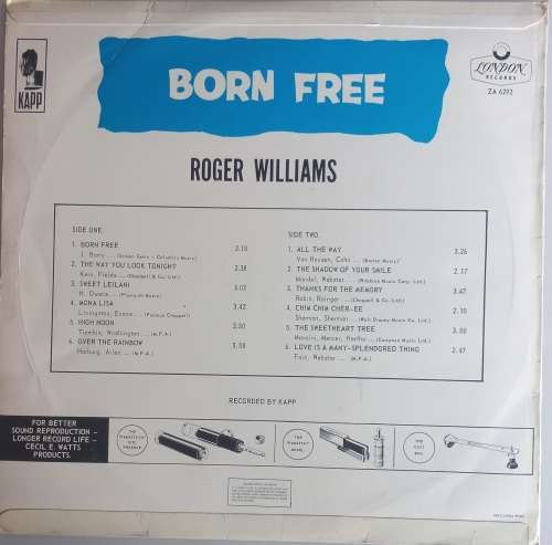 Roger Williams plays Born Free LP