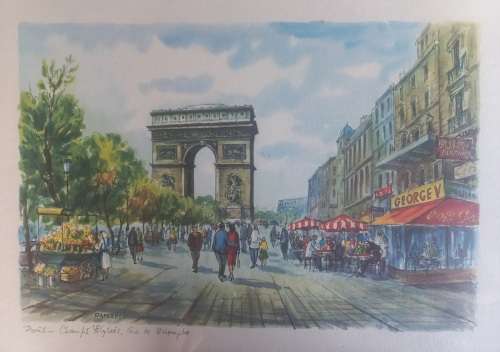 Vintage Paris Champs Elysees Arc de Triomphe print