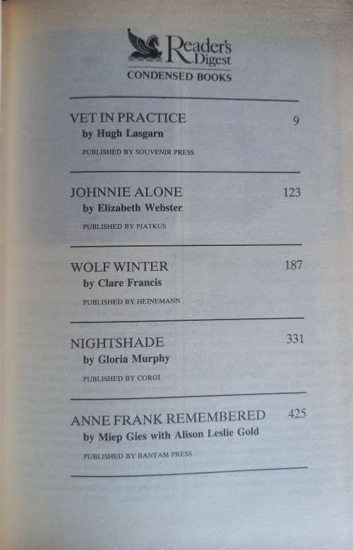 Reader`s digest condensed book: Vet in practice, Johnnie Alone, Wolf Winter, Nightshade