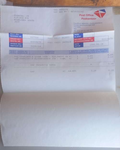 China `96 mini sheet & Bloemfontein 150 FDC plus original invoice