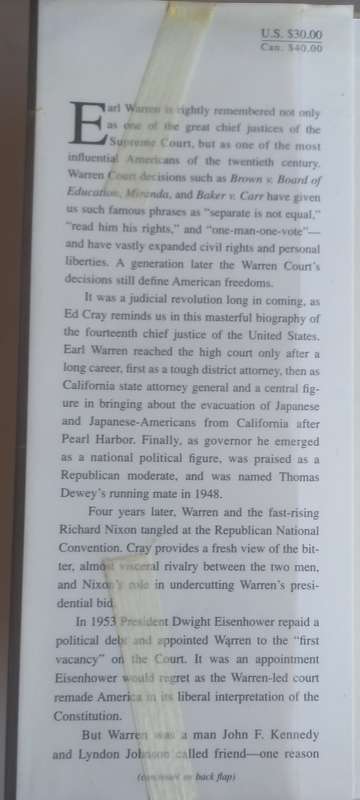 Chief Justice, a biography of Earl Warren by Ed Cray