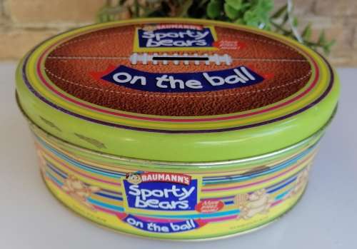 Baumann`s Sporty bears on the ball moneybox tin