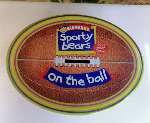 Baumann`s Sporty bears on the ball moneybox tin