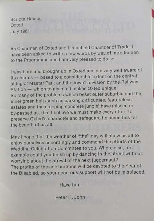 Rare Oxted and district programme of the Royal wedding celebrations 29th July 1981
