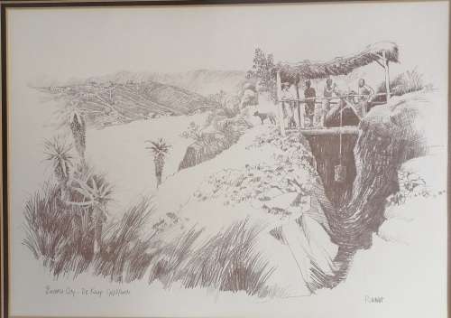Framed P de Wet pencil sketch: Eureka City De Kaap Goldfields