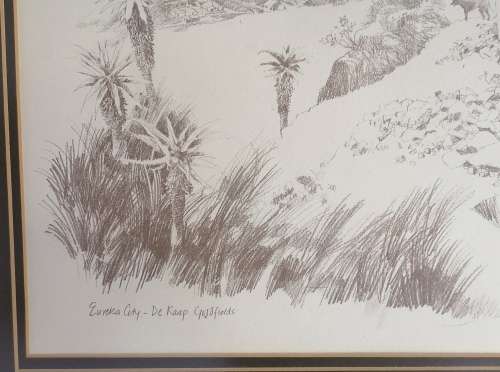 Framed P de Wet pencil sketch: Eureka City De Kaap Goldfields