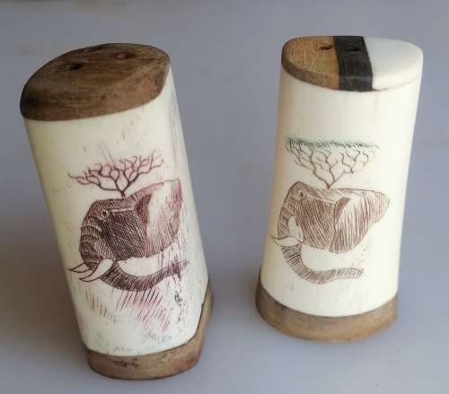 Wooden and bone salt and pepper shakers - Scrimshaw elephant design