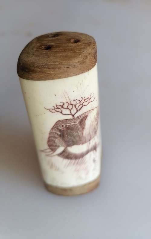 Wooden and bone salt and pepper shakers - Scrimshaw elephant design