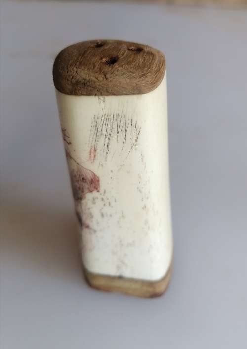Wooden and bone salt and pepper shakers - Scrimshaw elephant design