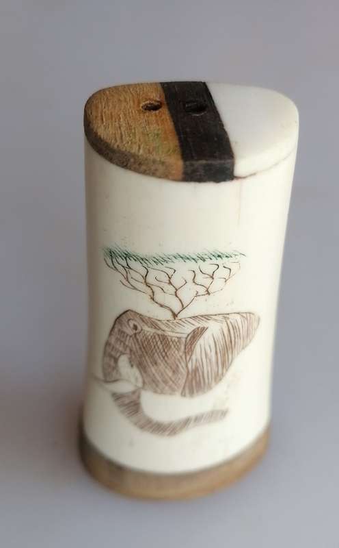 Wooden and bone salt and pepper shakers - Scrimshaw elephant design
