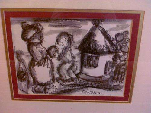 Claerhout charcoal sketch of mother child and hut (Framed) with CERT of Auth