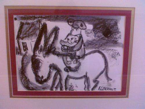 Claerhout charcoal sketch of mother and child on donkey (Framed) with CERT of Auth