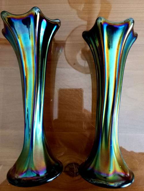 Pair of Amethyst Carnival Glass Swung Vases.