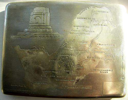VOORTREKKER MONUMENT~SILVER E.P.N.S.~CIGARETTE CASE~MAP OF SA~BY ZILVERFABRIEK VOORSCHOTEN~HOLLAND