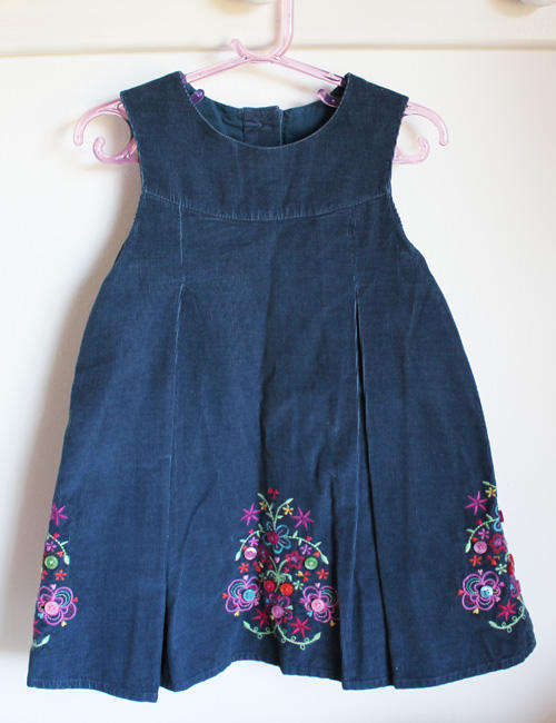 Navy Pincord Dress with embroidery and button detail