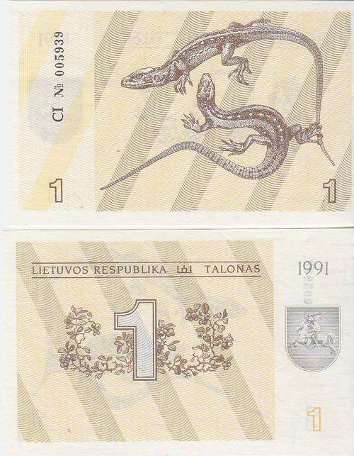 Lithuania 1 Talonas 1991 P-32a UNC two lizards