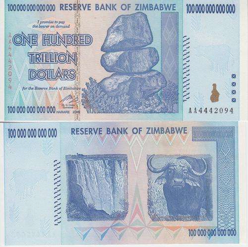ZIMBABWE 100 Trillion Dollars 2008 UNC