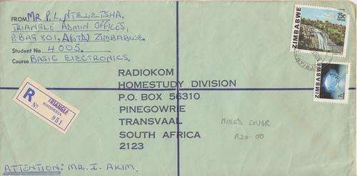 ZIMBABWE/RHODESIA TRANSITION TIME - MIXED REGISTERED LETTER - LABEL: TRIANGLE RHODESIA