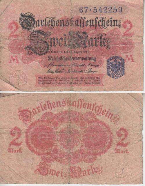 GERMANY STATE LOAN CURRENCY NOTE 2 Mark 1914 P - 54 VG