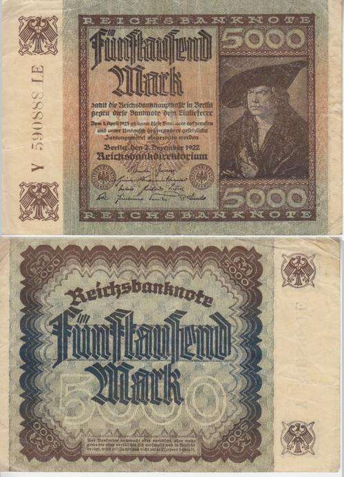 GERMANY REICHSBANKNOTE 5000 MARK 1922 P.81  VF