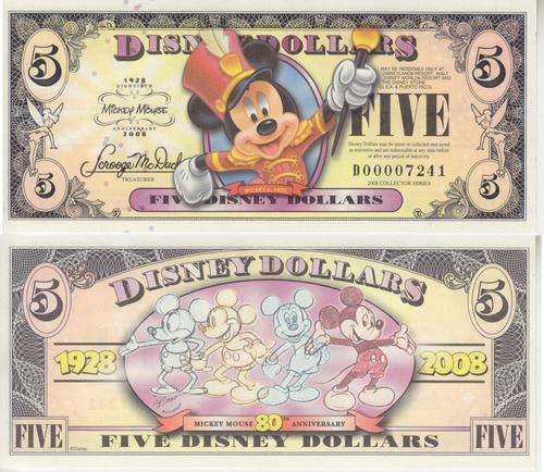 DISNEY  5 DOLLARS 2008 80th D SERIES UNC - Real money, NOT a novelty note!