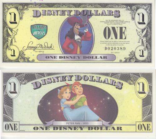 DISNEY 1 DOLLAR 2013  VILLIANS & HEROES "PETER PAN" UNC - Real money, NOT a novelty note!