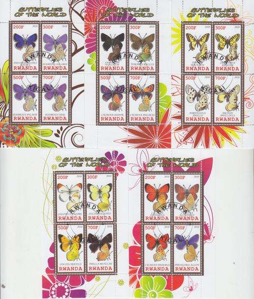 5 BEAUTIFUL THEMATIC MINI SHEET - BUTTERFLIES OF THE WORLD - RWANDA 2010