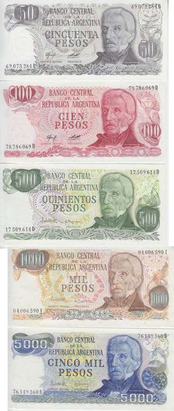 ARGENTINA 50 100 500 1000 5000 PESOS 1976-83 UNC SET P 301 302 303 304 305