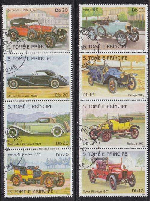 2 strips of 4 BEAUTIFUL THEMATIC STAMPS - VINTAGE CARS - ST.THOMAS & PRINCIPE ISLANDS