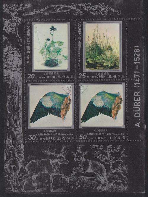 BEAUTIFUL THEMATIC MINIATURE SHEET - PAINTINGS A.DURER - BIRD'S WINGS - FLOWERS - NORTH KOREA