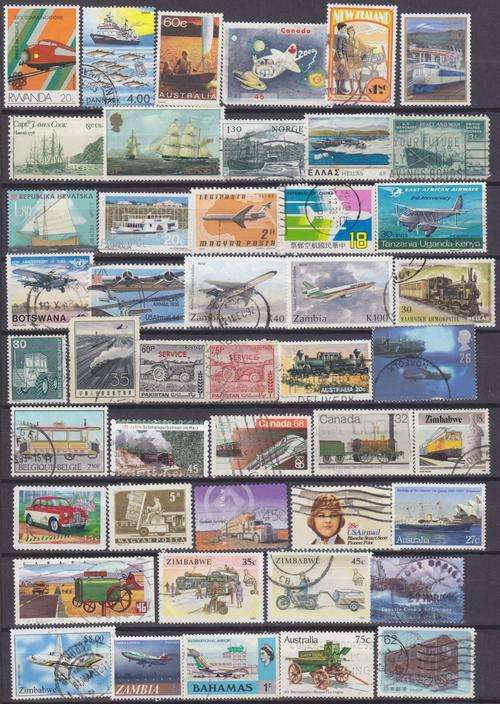 A SMALL COLLECTION OF 46 TRANSPORT STAMPS SHIPS, TRAINS AIRPLANES etc - USED