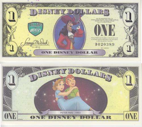 DISNEY 1 DOLLAR 2013  VILLIANS & HEROES "PETER PAN" UNC - Real money, NOT a novelty note!