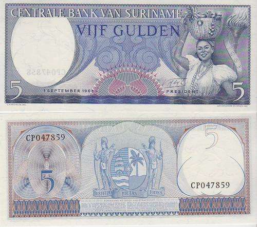 SURINAME 5 GULDEN 1963 P 120 UNC