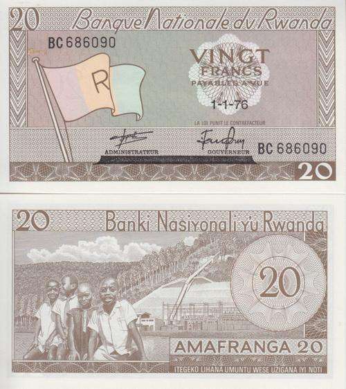 RWANDA 20 FRANCS 1976  P 6 UNC