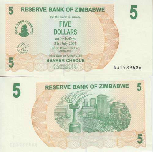 ZIMBABWE 5 DOLLARS 2006  P-38 BEARER CHEQUE UNC