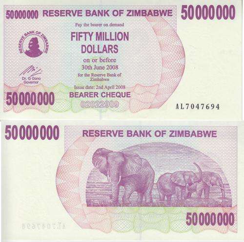 ZIMBABWE 50 MILLION DOLLARS BEARER CHEQUE 2008 P 57 UNC