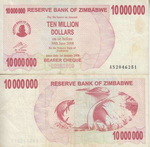 ZIMBABWE 10 MILL DOLLARS BEARER CHEQUE 2008 VF